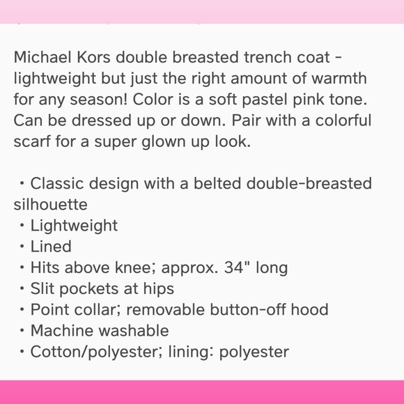 Michael Kors • Classic Polyester Button Belted Blush Pale Pink Trench Coat [XL] - Picture 3 of 3